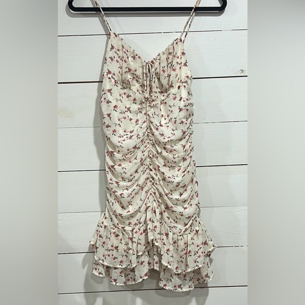 Floral Ruched Spaghetti Strap Mini Dress